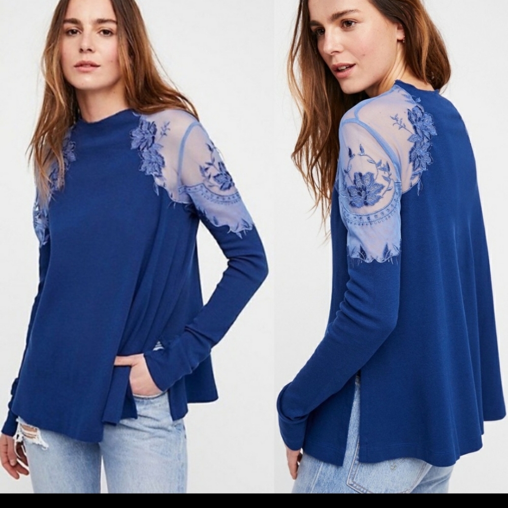 Free People Daniella Embroidered Blue Top